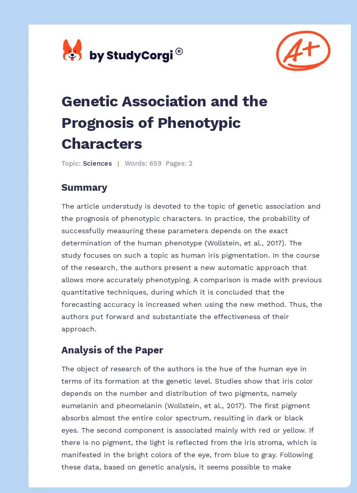 Genetic Association and the Prognosis of Phenotypic Characters. Page 1