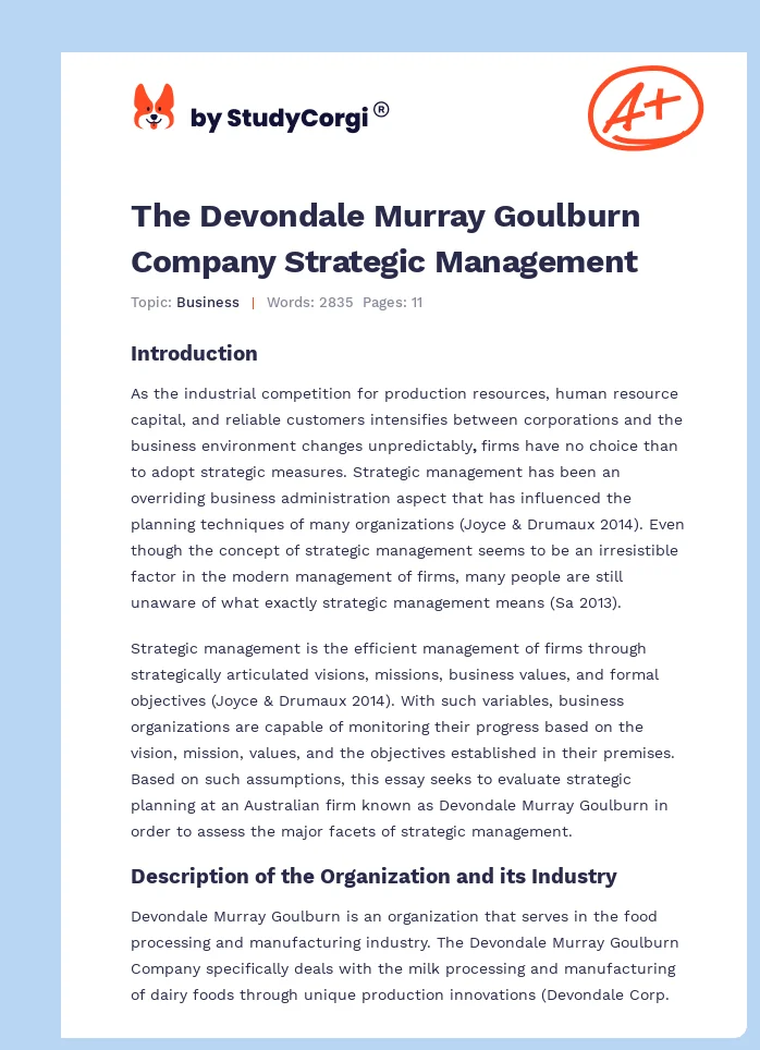 The Devondale Murray Goulburn Company Strategic Management. Page 1