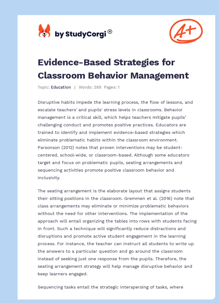 Evidence-Based Strategies for Classroom Behavior Management. Page 1