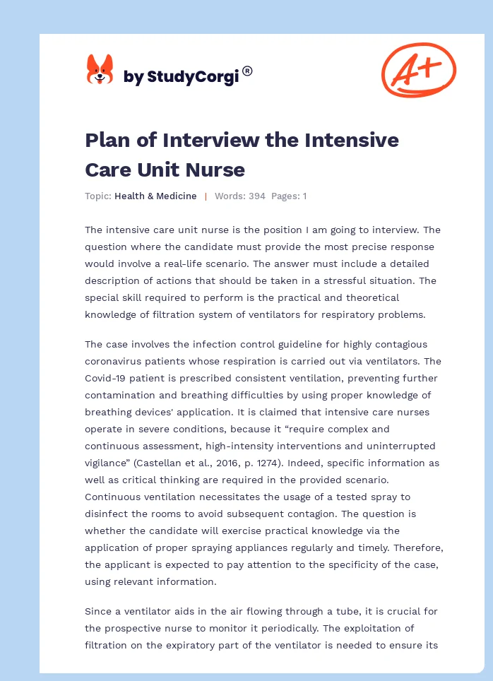 Plan of Interview the Intensive Care Unit Nurse. Page 1