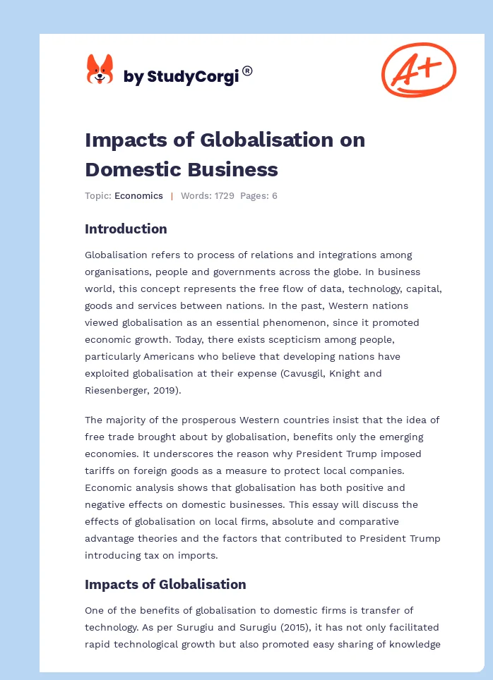 Impacts of Globalisation on Domestic Business. Page 1
