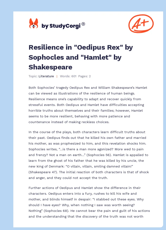 Resilience in "Oedipus Rex" by Sophocles and "Hamlet" by Shakespeare. Page 1