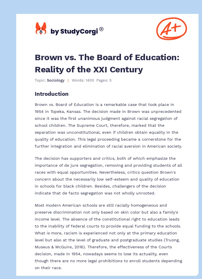 Brown vs. The Board of Education: Reality of the XXI Century. Page 1