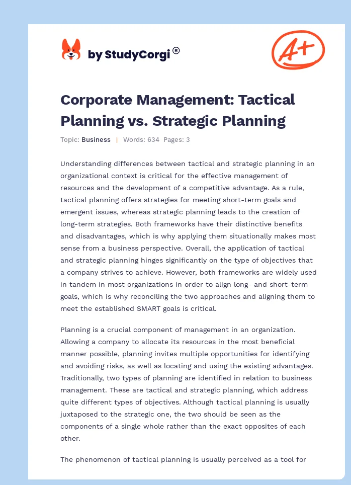 Corporate Management: Tactical Planning vs. Strategic Planning. Page 1