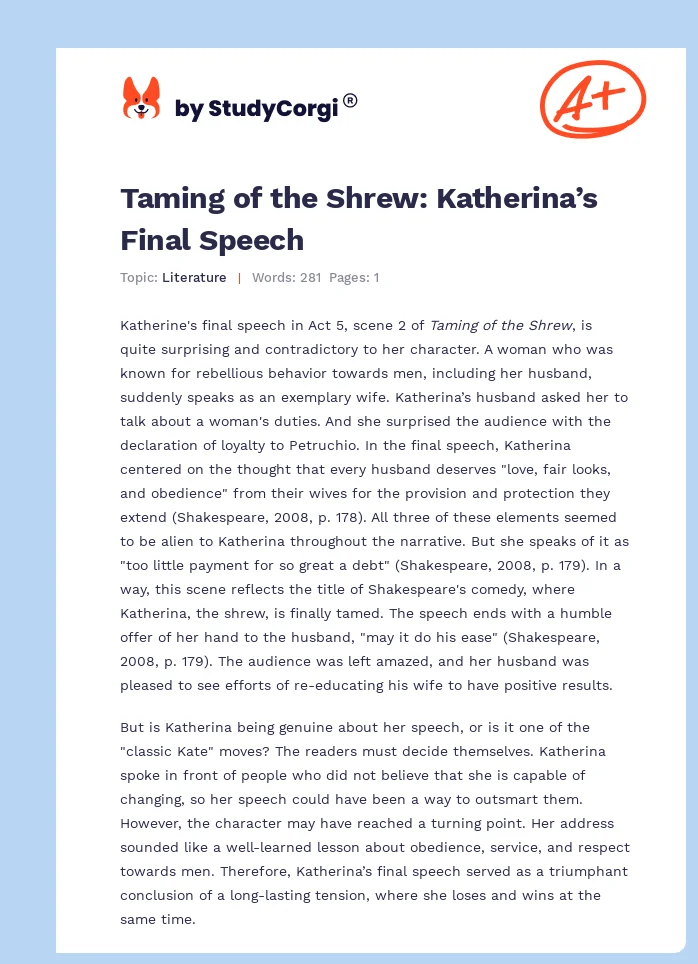 Taming of the Shrew: Katherina’s Final Speech. Page 1