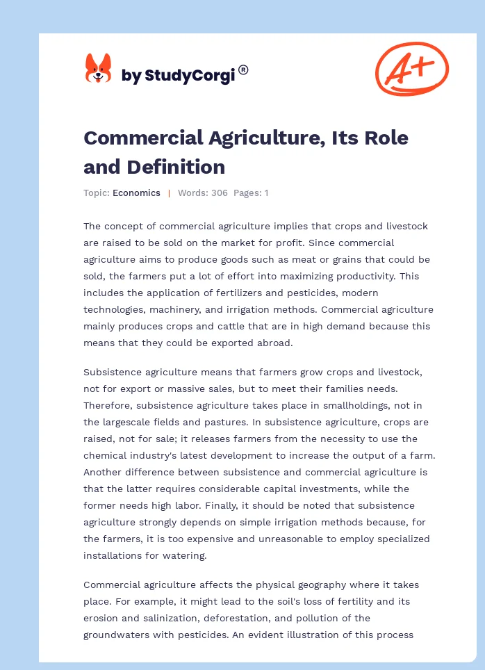 Commercial Agriculture, Its Role and Definition. Page 1