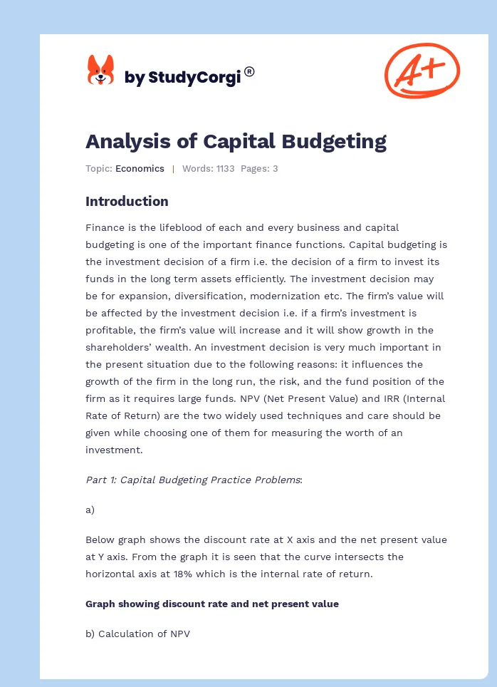 Analysis of Capital Budgeting. Page 1