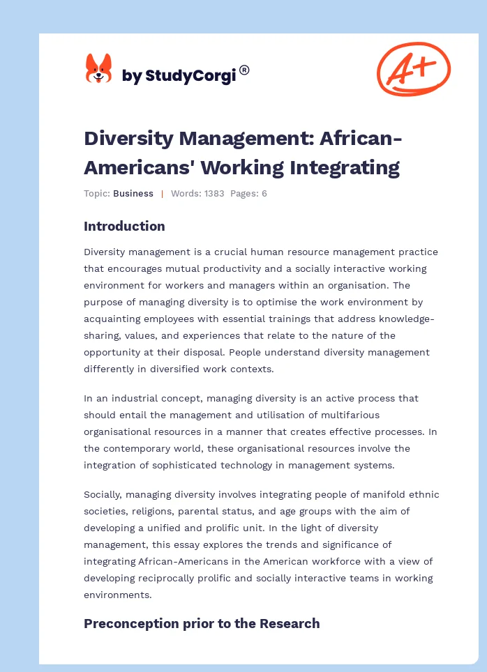 Diversity Management: African-Americans' Working Integrating. Page 1