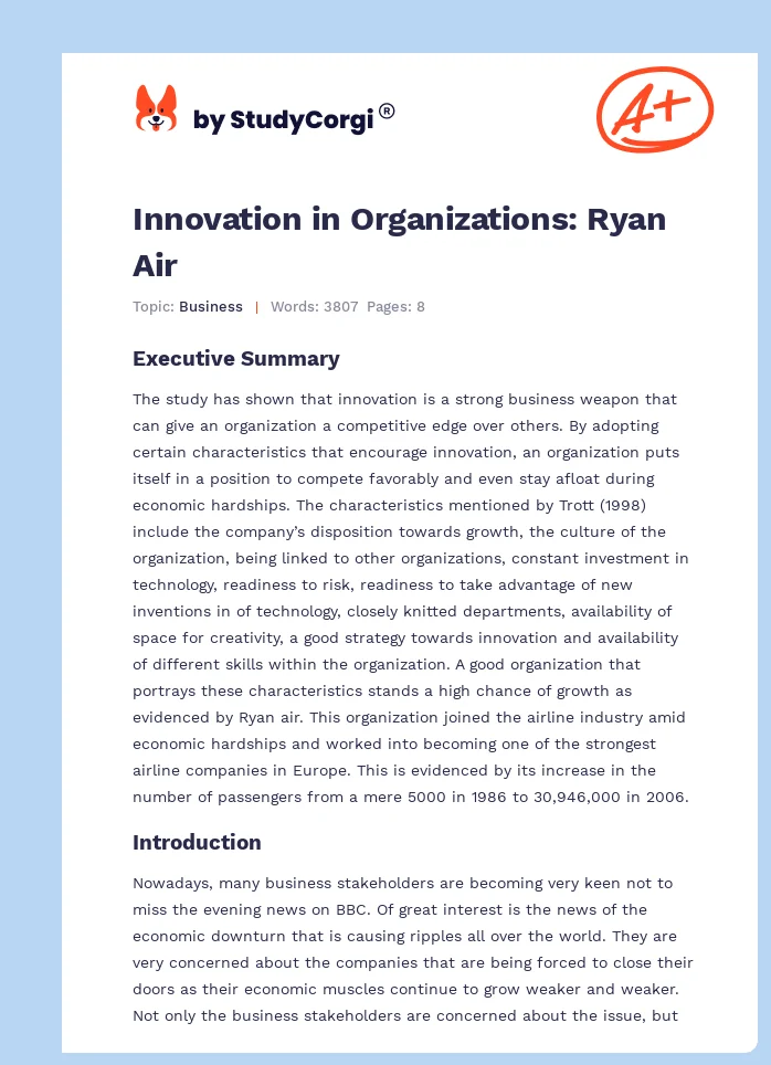 Innovation in Organizations: Ryan Air. Page 1