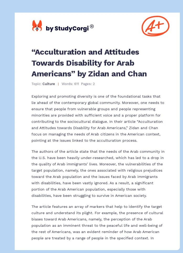 “Acculturation and Attitudes Towards Disability for Arab Americans” by Zidan and Chan. Page 1