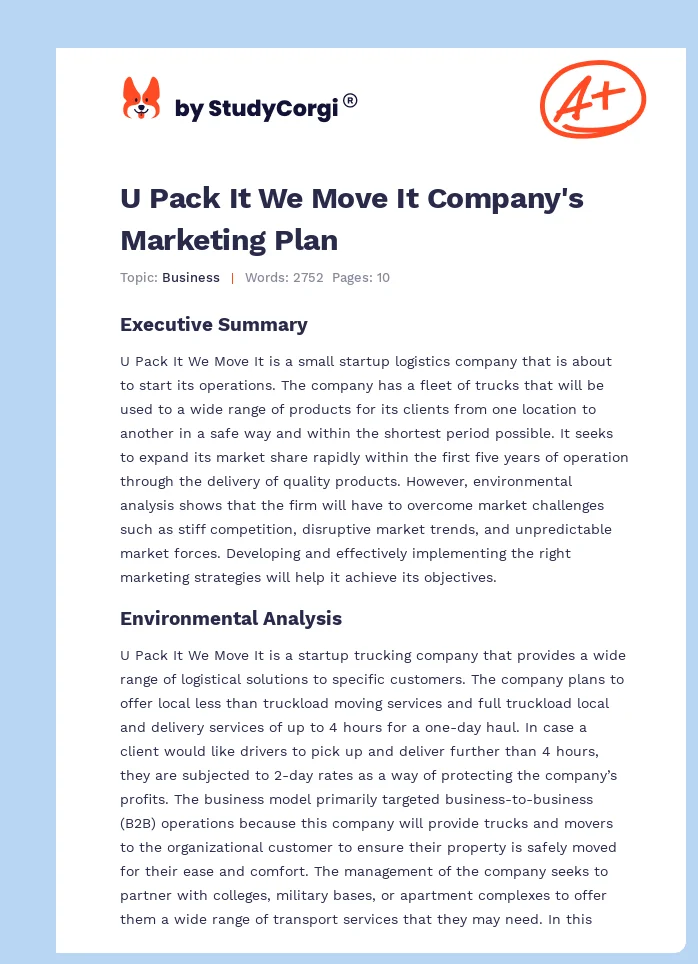 U Pack It We Move It Company's Marketing Plan. Page 1
