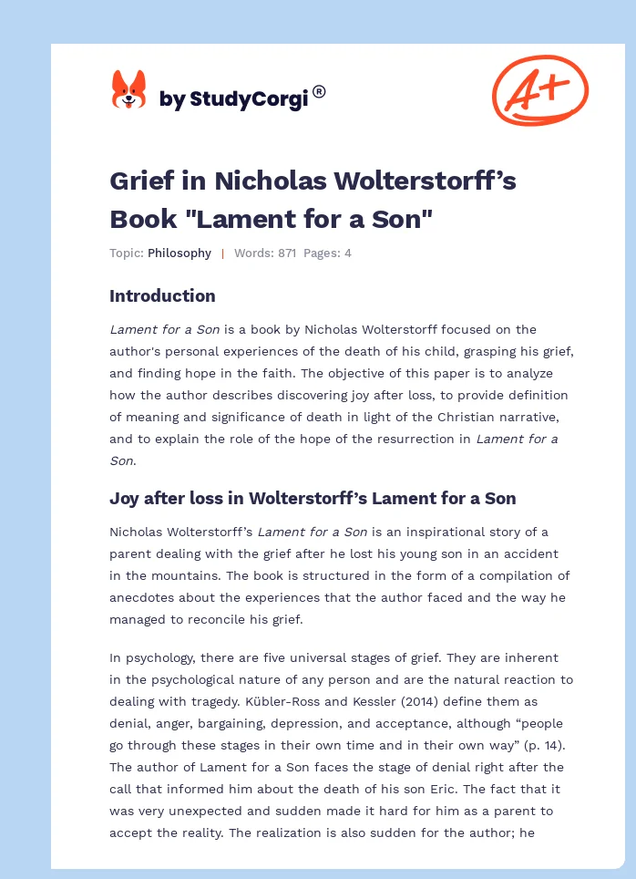 Grief in Nicholas Wolterstorff’s Book "Lament for a Son". Page 1