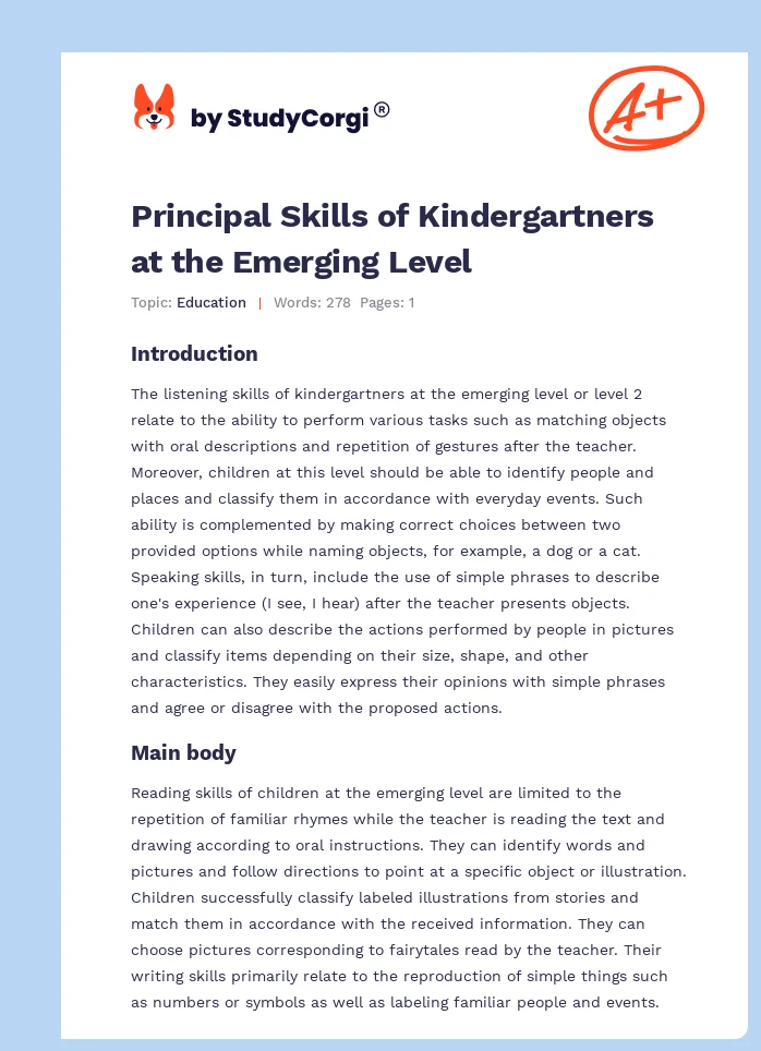 Principal Skills of Kindergartners at the Emerging Level. Page 1