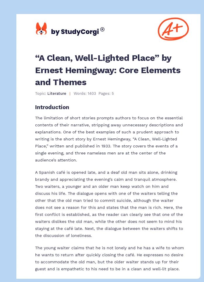 “A Clean, Well-Lighted Place” by Ernest Hemingway: Core Elements and Themes. Page 1