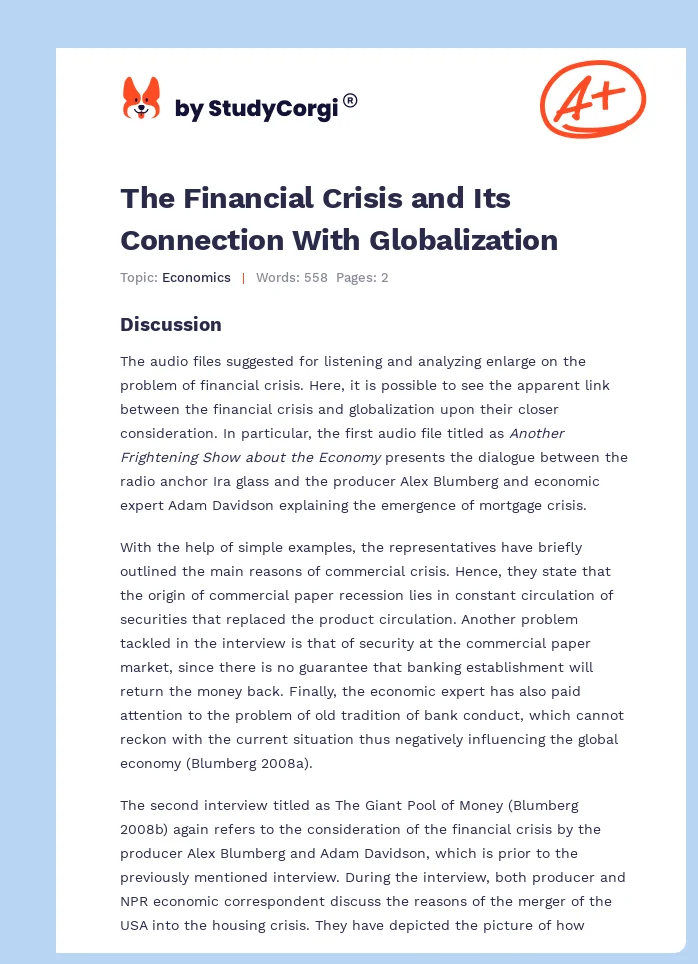 The Financial Crisis and Its Connection With Globalization. Page 1