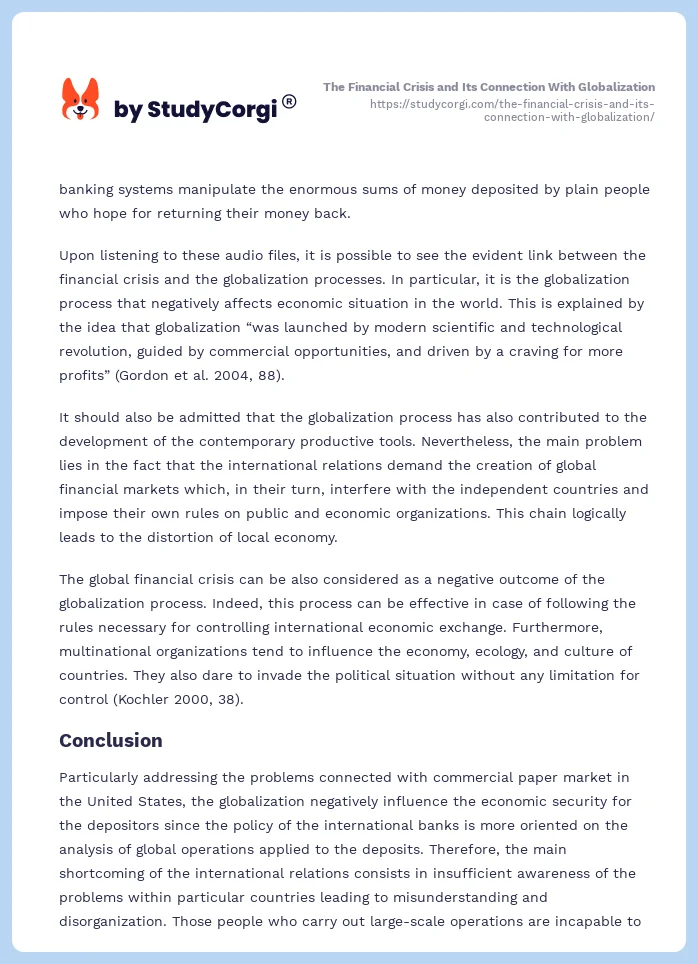 The Financial Crisis and Its Connection With Globalization. Page 2