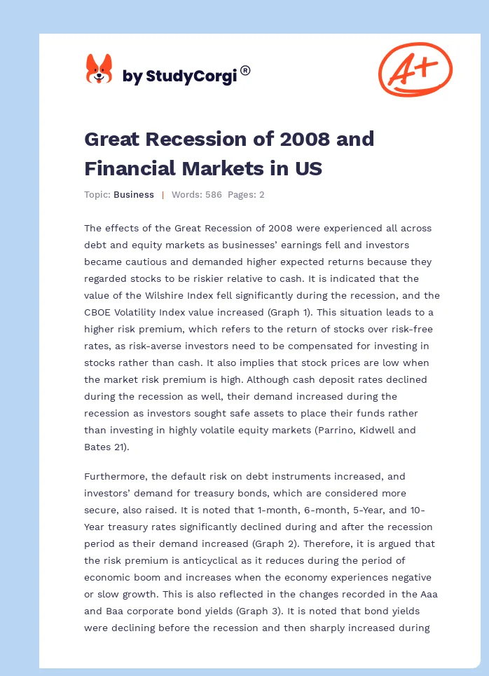Great Recession of 2008 and Financial Markets in US. Page 1