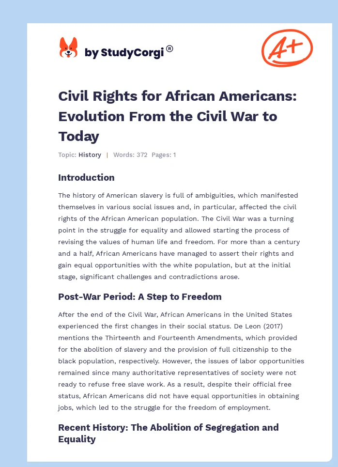 Civil Rights for African Americans: Evolution From the Civil War to Today. Page 1