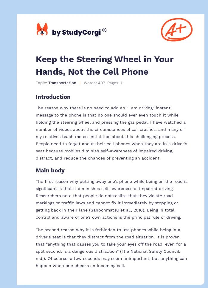 Keep the Steering Wheel in Your Hands, Not the Cell Phone. Page 1