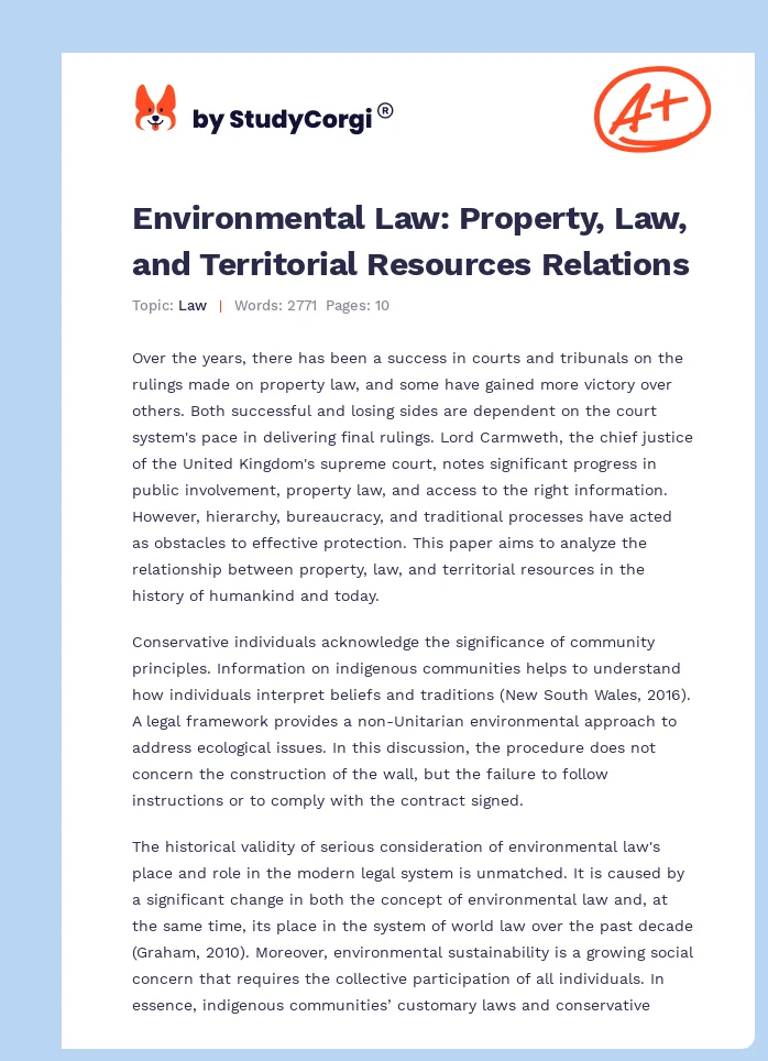 Environmental Law: Property, Law, and Territorial Resources Relations. Page 1