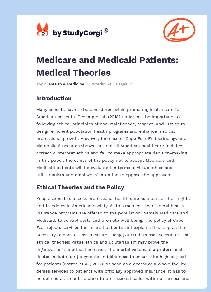 Medicare and Medicaid Patients: Medical Theories. Page 1