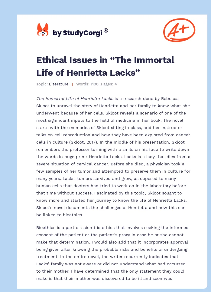 henrietta lacks ethical issues essay