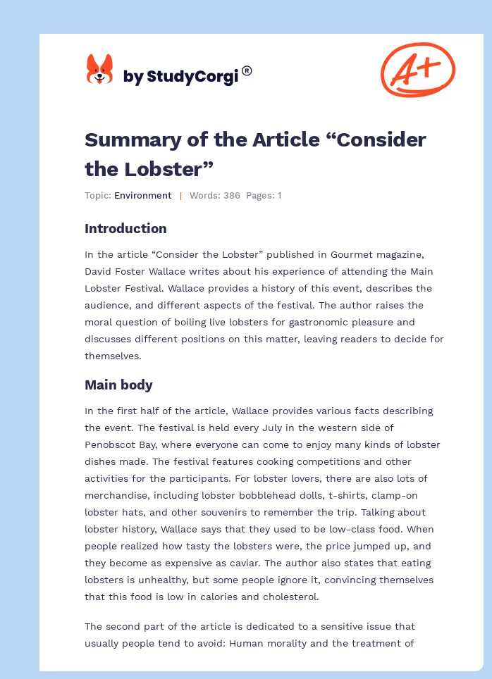Summary of the Article “Consider the Lobster”. Page 1