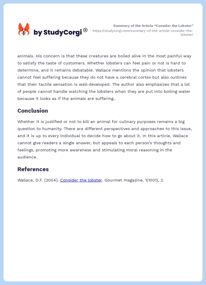 Summary of the Article “Consider the Lobster”. Page 2