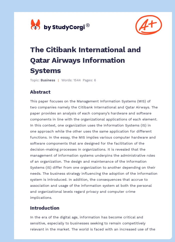 The Citibank International and Qatar Airways Information Systems. Page 1