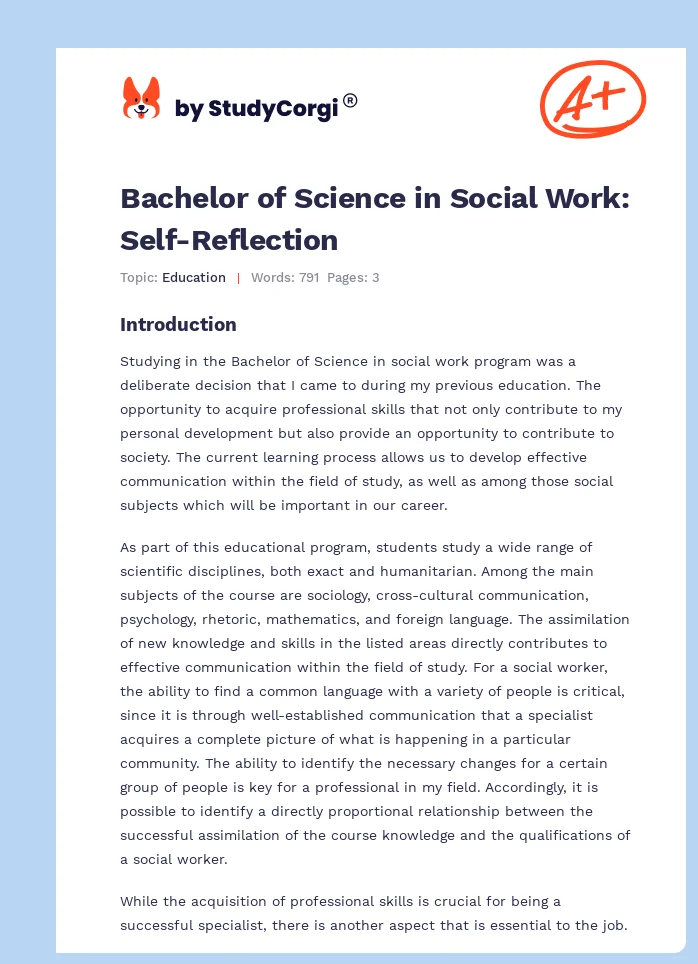 Bachelor of Science in Social Work: Self-Reflection. Page 1