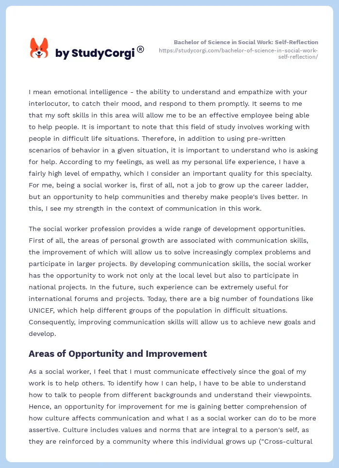 Bachelor of Science in Social Work: Self-Reflection. Page 2