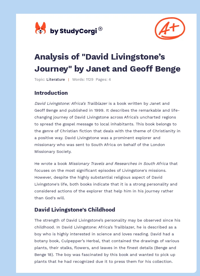 Analysis of "David Livingstone’s Journey" by Janet and Geoff Benge. Page 1