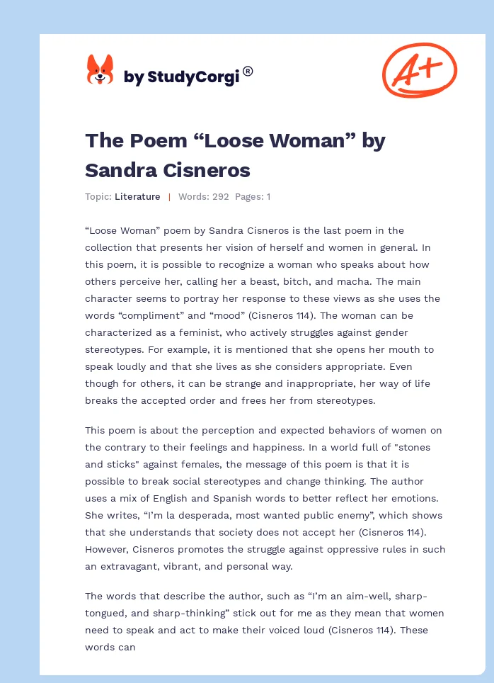 The Poem “Loose Woman” by Sandra Cisneros. Page 1