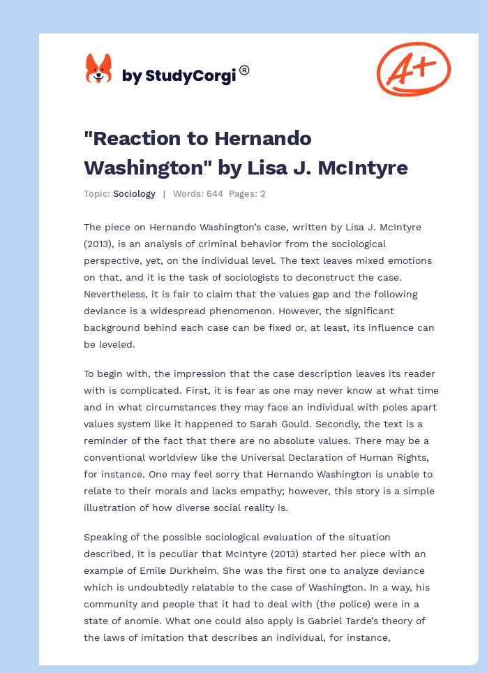 "Reaction to Hernando Washington" by Lisa J. McIntyre. Page 1