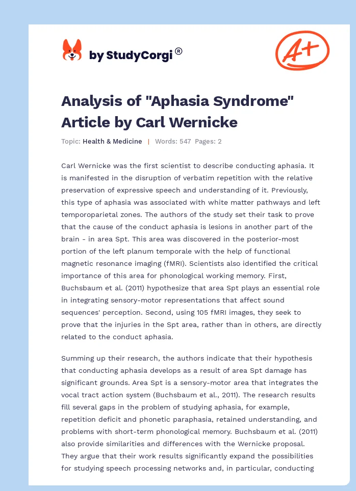 Analysis of "Aphasia Syndrome" Article by Carl Wernicke. Page 1