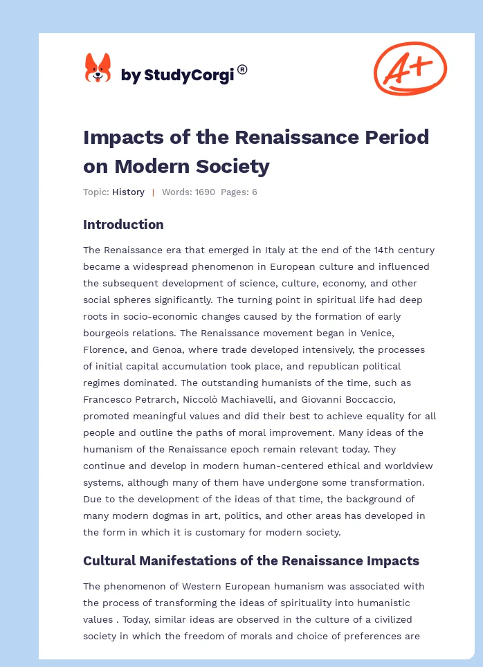 Impacts of the Renaissance Period on Modern Society. Page 1