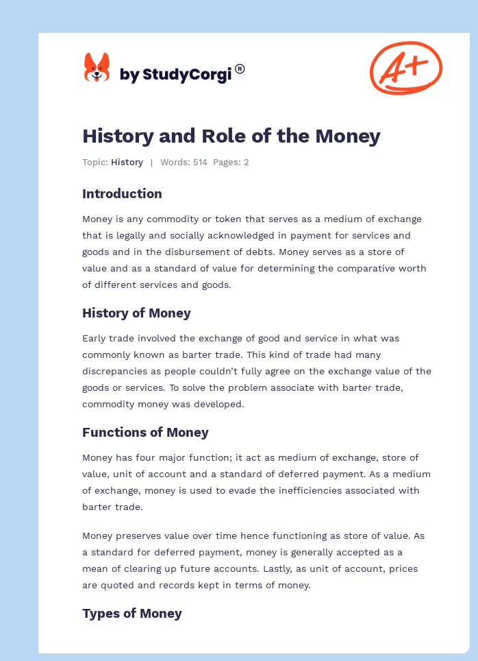 History and Role of the Money. Page 1