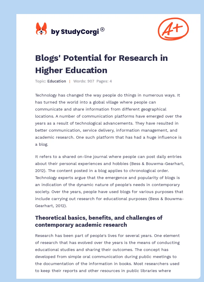 Blogs' Potential for Research in Higher Education. Page 1