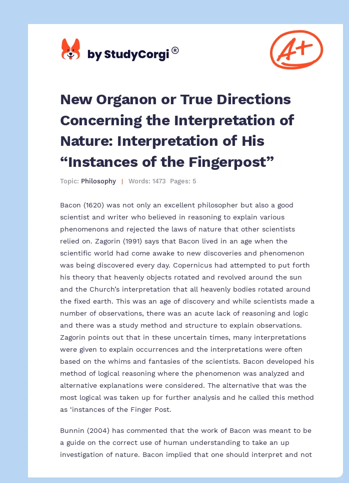 New Organon or True Directions Concerning the Interpretation of Nature: Interpretation of His “Instances of the Fingerpost”. Page 1