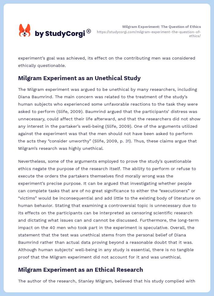Milgram Experiment: The Question of Ethics. Page 2