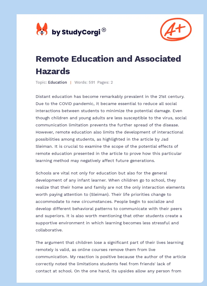 Remote Education and Associated Hazards. Page 1