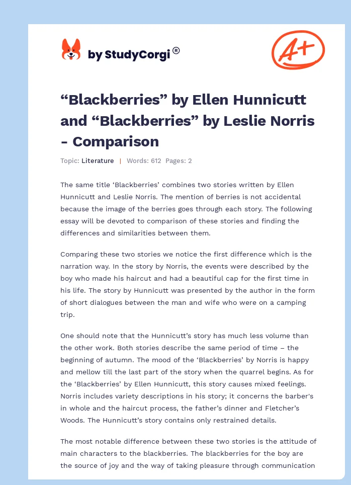 “Blackberries” by Ellen Hunnicutt and “Blackberries” by Leslie Norris - Comparison. Page 1