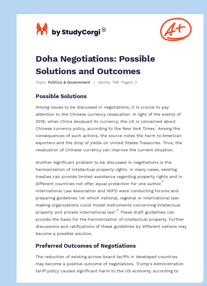 Doha Negotiations: Possible Solutions and Outcomes. Page 1