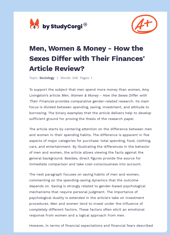 Men, Women & Money - How the Sexes Differ with Their Finances' Article Review?. Page 1