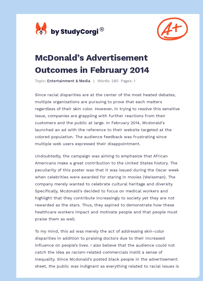 McDonald’s Advertisement Outcomes in February 2014. Page 1