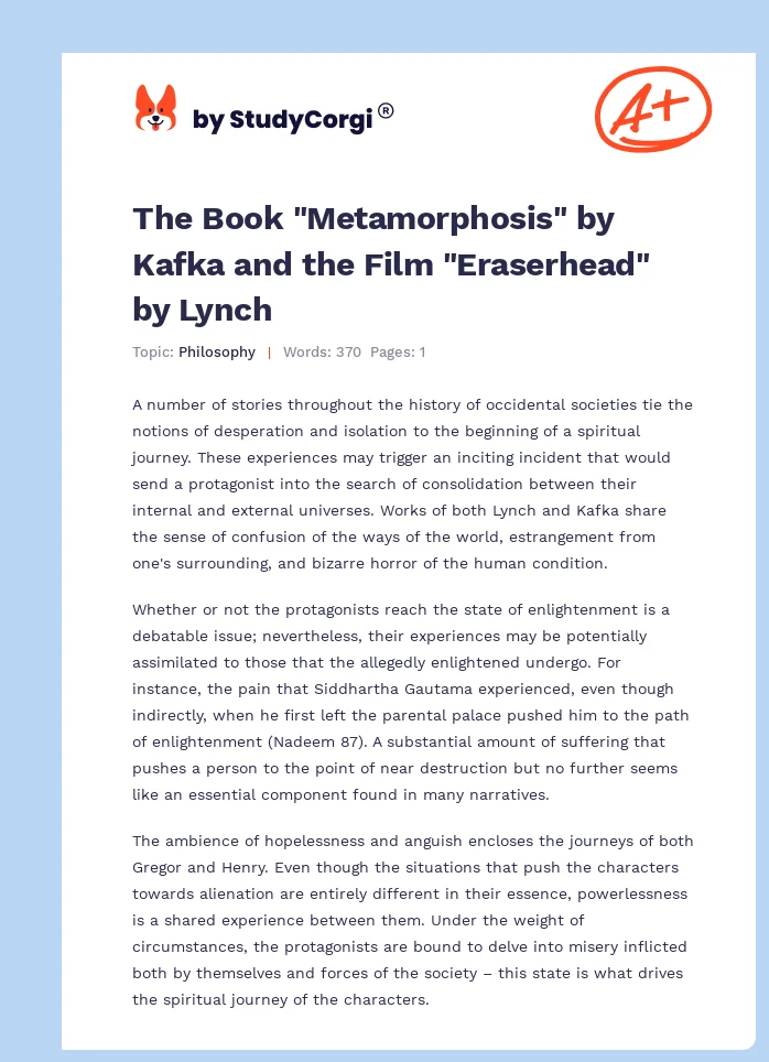 The Book "Metamorphosis" by Kafka and the Film "Eraserhead" by Lynch. Page 1
