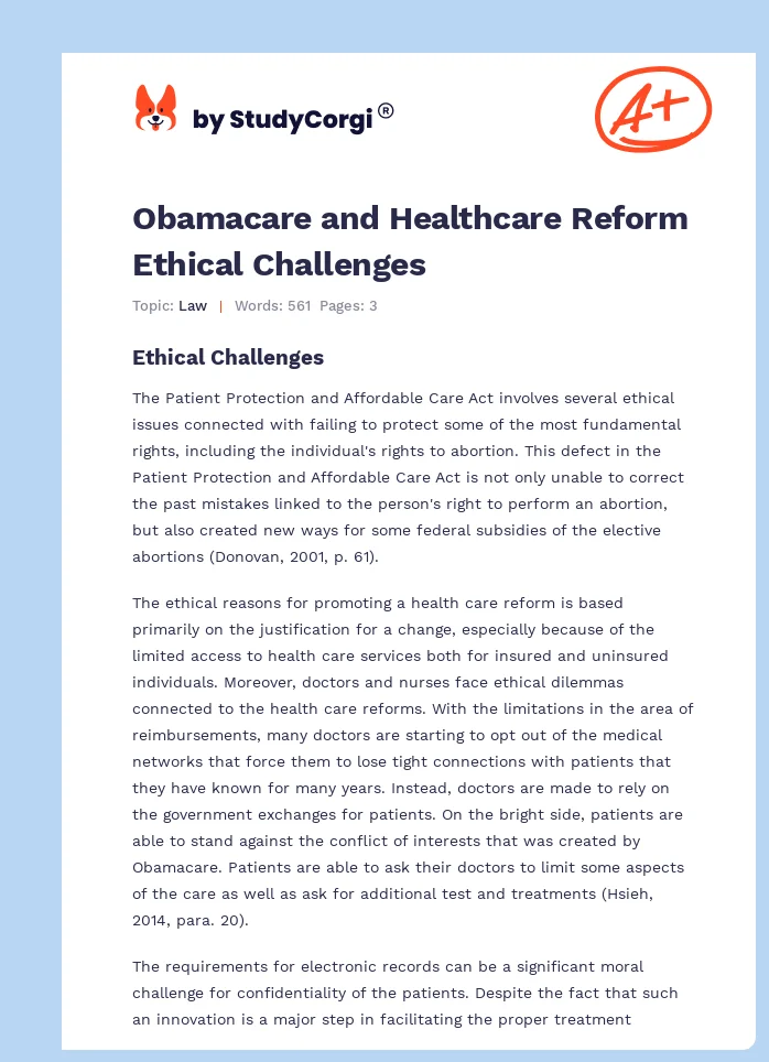 Obamacare and Healthcare Reform Ethical Challenges. Page 1