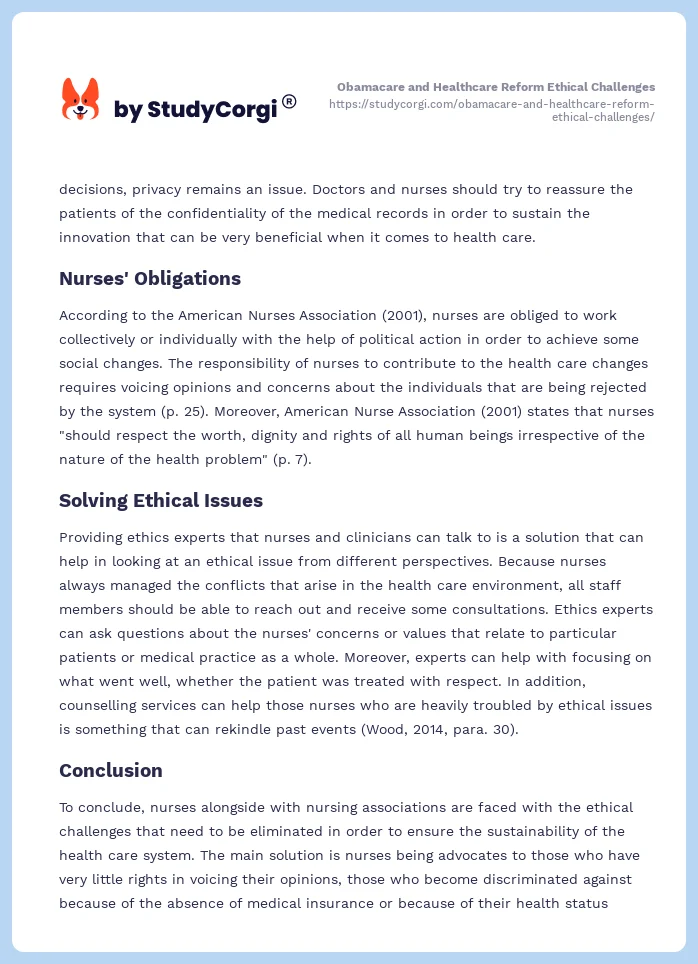 Obamacare and Healthcare Reform Ethical Challenges. Page 2