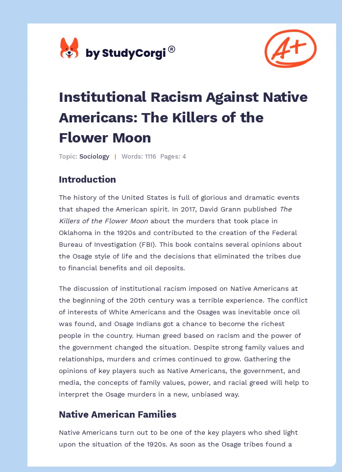 Institutional Racism Against Native Americans: The Killers of the Flower Moon. Page 1