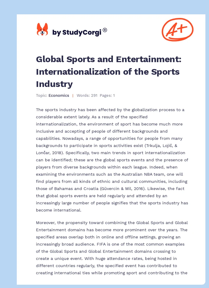 Global Sports and Entertainment: Internationalization of the Sports Industry. Page 1